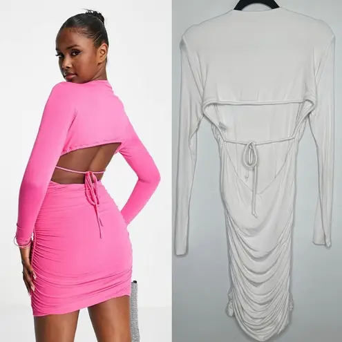 Naked Wardrobe Ruched Long Sleeve Open Back Mini Dress in Cream