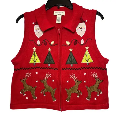 Vintage Bechamel Petites Red Christmas Zip Up Vest Santa Reindeer Large Petite Size undefined