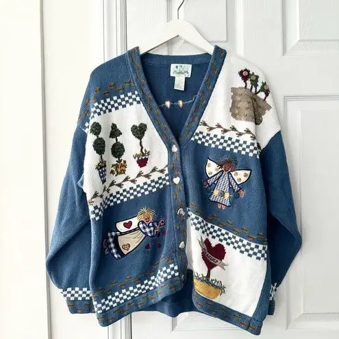 Quacker Factory  Vintage Blue Cottage Grandma Knit Heart Angels Miracles Cardigan