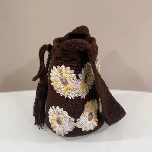 Handmade Women's Brown Floral Sunflower Crochete Bucket Shoulder Bag Mochila