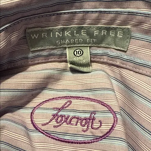 Foxcroft Size 10 Purple Blue Striped Button Down Shaped Fit Shirt Wrinkle Free