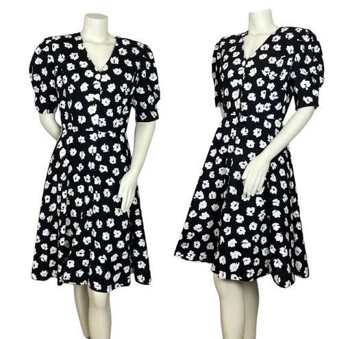 Vintage Dress Floral Party Puffed Sleeves 1980s Flared Skirt Princess Seams Black Size M