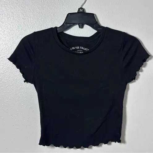 Aero Women Black Ribbed Shrunken Ruffle Hem Cropped Tee size S