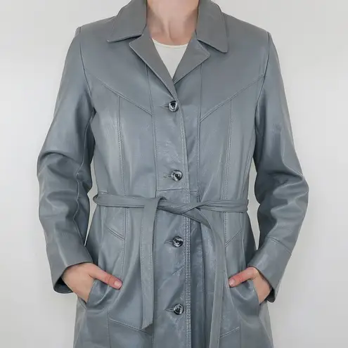 Vintage 70s Reed Sportsman Grey Leather Belted Trench Coat Size M