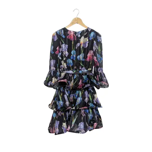 Dalia MacPhee Floral Ruffle Wrap Mini Dress V Neck Tiered Layered 3/4 Sleeve Black