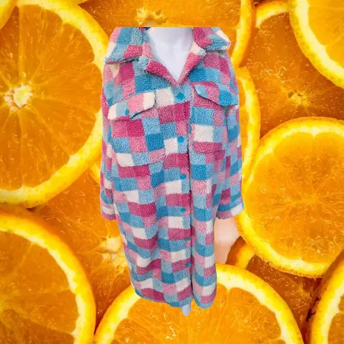 Cozy Sherpa Checkered Shacket Pink Blue White Womens Long Jacket Size XL