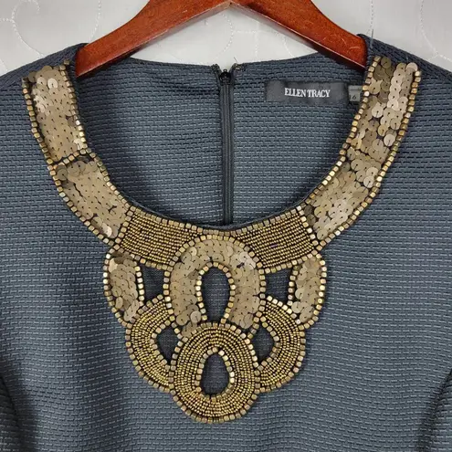 Ellen Tracy Womens Sheath Dress Size 16 Navy Beaded Sequin Statement Collar Mini