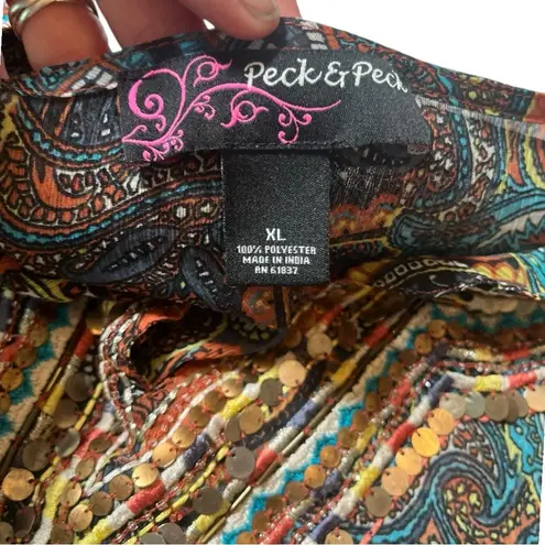 Peck & Peck Embellished Sheer Brown Paisley Blouse XL Boho Chic Festival Top