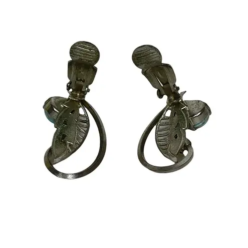 Vintage Silver Tone Leaf‎ Teal Stone Clip On Earrings Boho Retro Germany