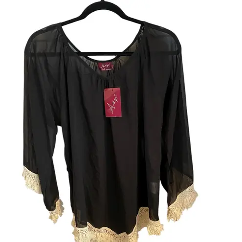 Avani Black Sheer Cream Fringe Tunic Top Cover up Resortwear Boho Western Fall Size XL