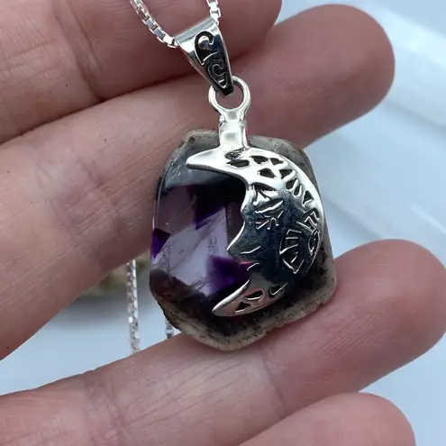 Crescent Moon Super Amethyst 23 Solid Sterling Silver Pendant Necklace