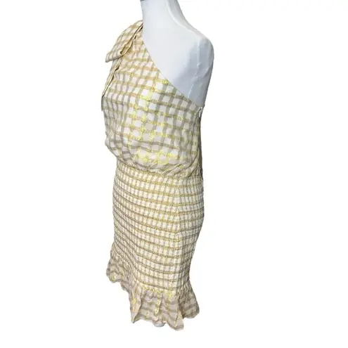 Rebecca Vallance NWT Almeria One Shoulder Mini Dress Size 14 Metallic Gingham Gold