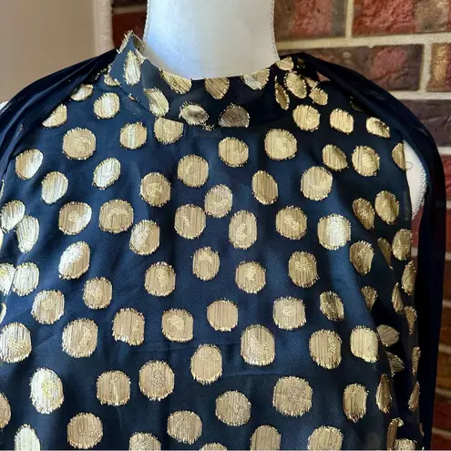 Robbie Bee Black Gold Polka Dot Midi Dress Sleeveless Scarf Bow Sheer Date Night