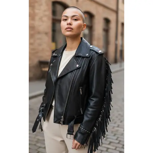 Jack Daniel's Old No7 Studded Fringe Leather Motorcycle Jacket Size Small