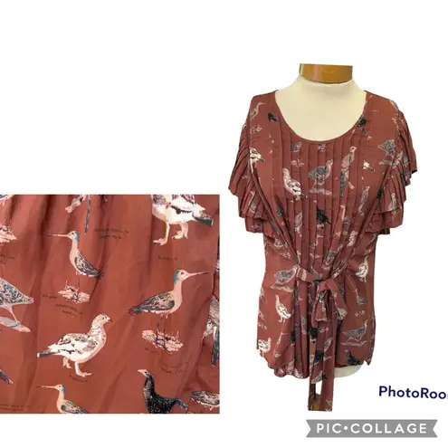 Seven7 Melissa McCarthy for allover bird print tie waist flutter sleeve rust top