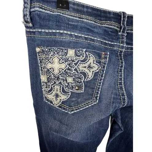 Hydraulic Slim Bootcut Dark Wash Contrast Stitch Jeans With Embellished Pockets