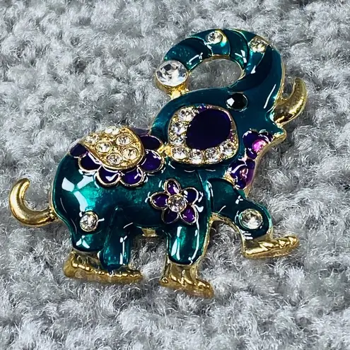 Circus Elephant Trunk Up Brooch Pin Metal Enamel Colorful Rhinestone Accents