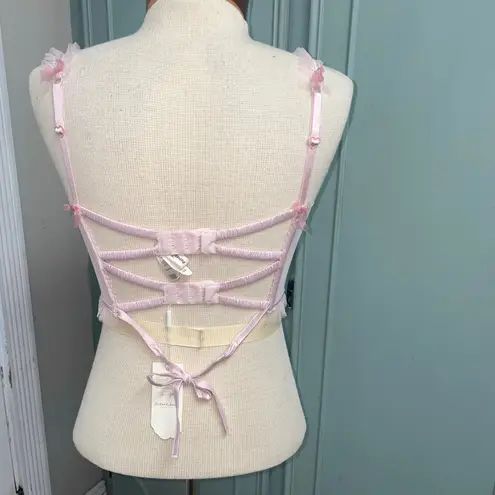 For Love & Lemons Embroidered Hearts Bustier Bra Pink XS NEW NWT Ruffle Bows