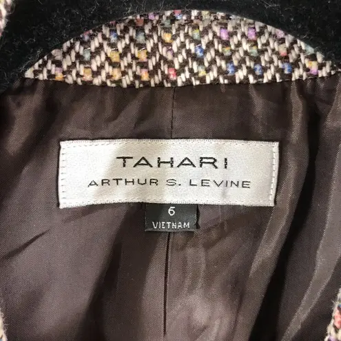 Tahari Arthur S Levine Womens Tweed Blazer One Button Faux Leather Patch Brown 6