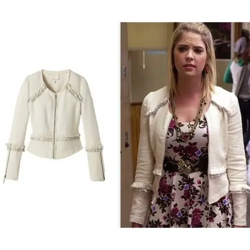 Rebecca Taylor Cotton Tweed Suiting Jacket Cropped Full Zip Fringe White Small