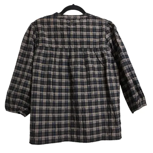 Barbour Lorelie Top Praline Plaid V-neck Seersucker Puff Sleeves 8 New