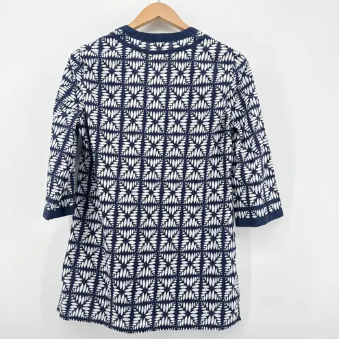 J.Crew Navy White Print V Neck Cotton 3/4 Sleeve Tunic Top Women's Size Medium Blue