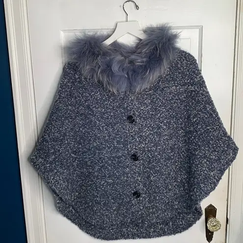 J. McLaughlin  Blue & White Boucle Wool Button Cape with Dyed Raccoon Fur Collar