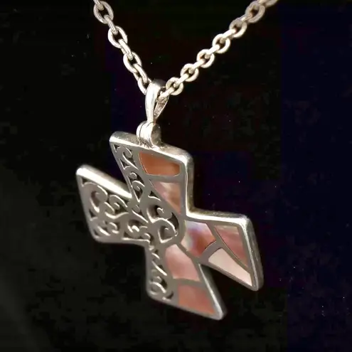 Lois Hill Abalone Mosaic Inlay Yin Yang Baltic Cross & Sterling Silver Necklace