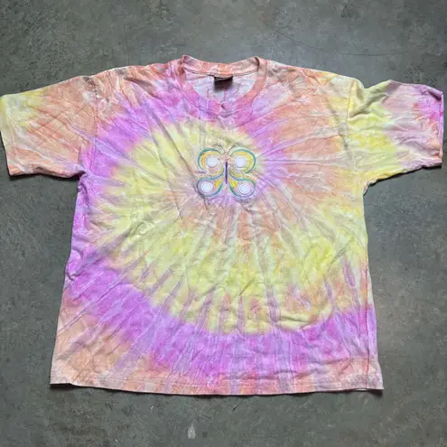 Vintage Touch Of Gold Spring Tie Dye Graphic Embroidered Butterfly tee Sz Large Pink