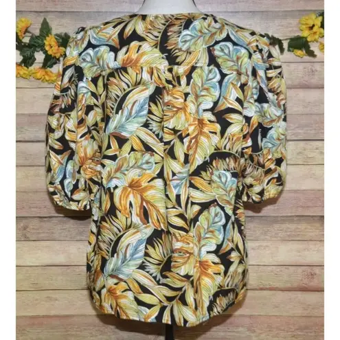 Panama Jack Women's XL Black Yellow Floral Blouse Top Linen Blend Keyhole Neck