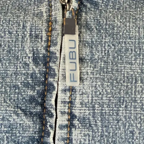 FUBU Vintage Women's Denim Zip Up Jacket with Orange and Green Stripe Accents L