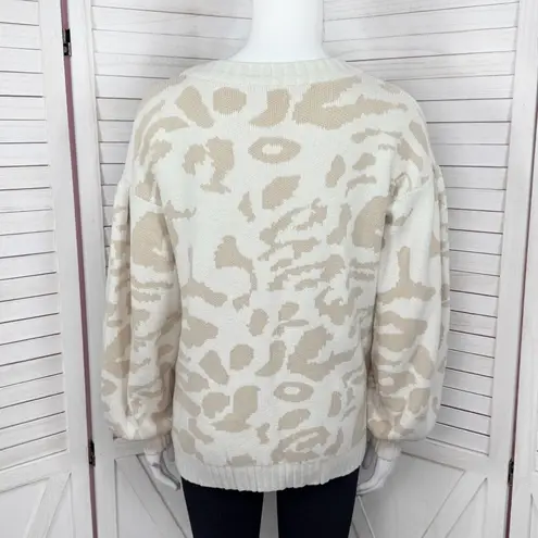 Pink Lily  Animal Cheetah Print Balloon Sleeve Sweater Ivory Tan Small