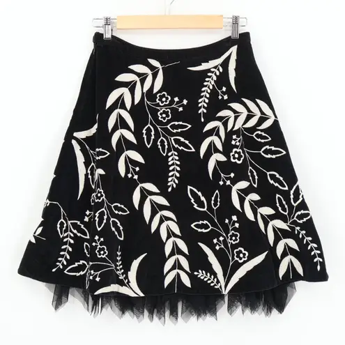 Anthropologie Odille Embroidered Velvet Skirt Y2K Whimsigoth Fairy Retro Size 2 Black