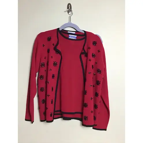 Pendleton Women Vtg 2 pc. Holiday Sweater Set Sz.Med. Red Beaded with black Trim - Image 3