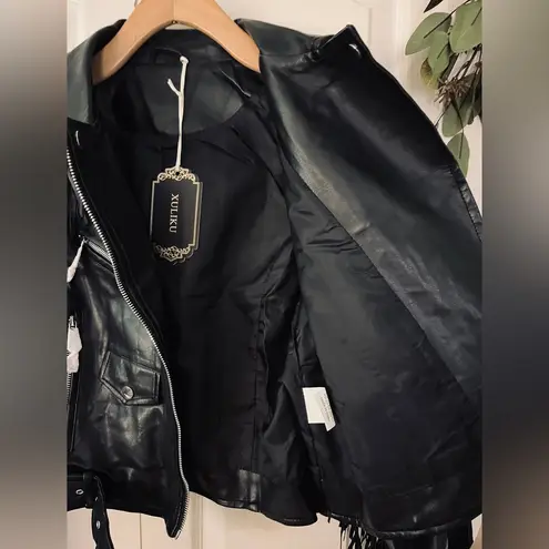 Black PU Leather Fringe Moto Jacket Asymmetric Zip Tassel Trim Belted Crop Coat