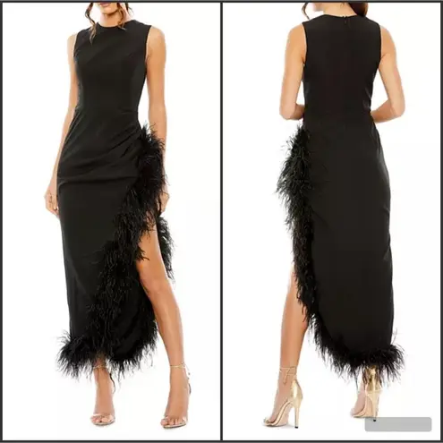 Mac Duggal 11626 Black Sleeveless Faux Wrap Dress with Feather Detail