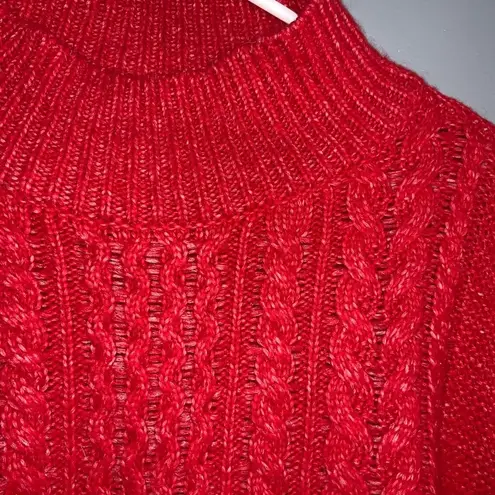 Loft Cropped Turtleneck Cable Knit Wool Blend Cozy Sweater Crimson Fire Red Lg