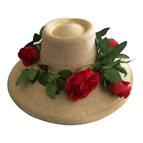 Fine Millinery Collection By August Accessories Wide Brim Red Roses Floral Hat