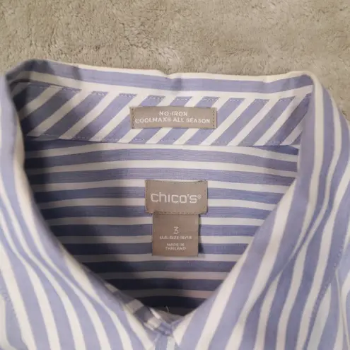 Chico's  Blue White Striped No Iron‎ Cool Max Button Up Shirt size 3 XL Career