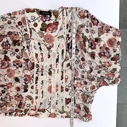 Karen Kane ivory, rust and purple floral print dolman sleeve semi sheer blouse M