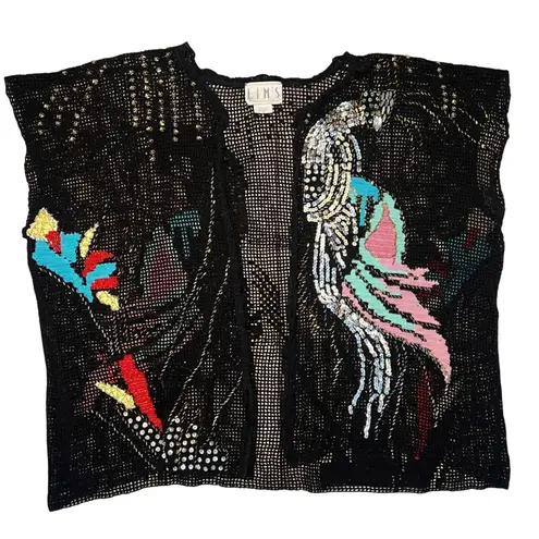 VTG 90s LIMS Black Beaded Sequined Bird Parrot Crochet Knit Cardigan Womens M Size M