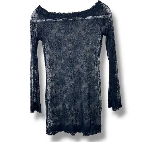 Floral Lace Black Long Sleeve Boat Neck Romantic Sleepwear Lingerie Mini Dress Size M
