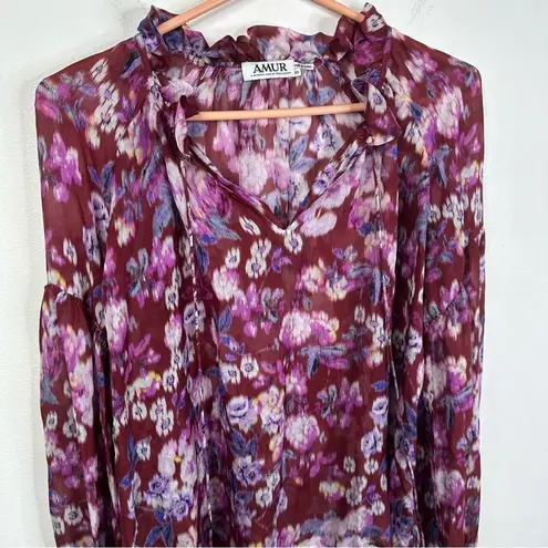 Amur Caroline 100% Silk Chiffon Sheer Floral Print Peasant Blouse Top Size XS