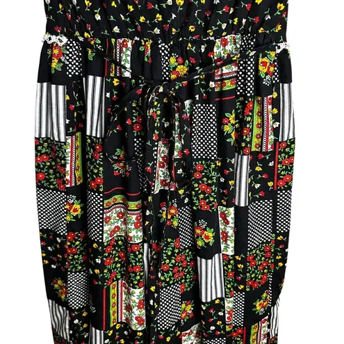 70s Vintage JCPenney Micro Floral Patchwork Puff Sleeve Lace Tie Back Maxi Dress Black Size XS