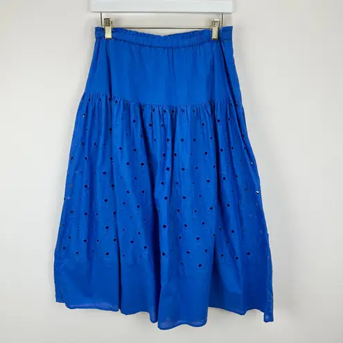 J.Crew  Petite Drop Waist Eyelet Midi Skirt Bright Grotto Blue A Line Medium NWT