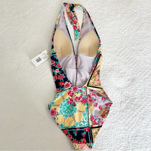 Johnny Was  JAPER PLUNGE ONE PIECE Halter Swimsuit Floral Size Small S NWT
