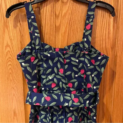 COLLECTIF Olympia Square Neck Belted Strawberry Vine Jumpsuit Size Small (6) Blue