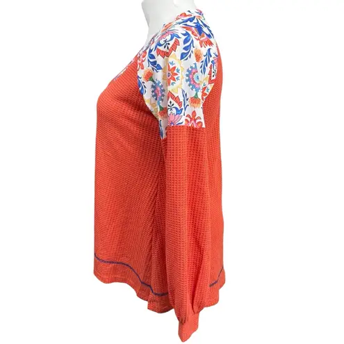 Southern Stitch Orange Waffle Knit Floral Patchwork Long Sleeve Top Size L