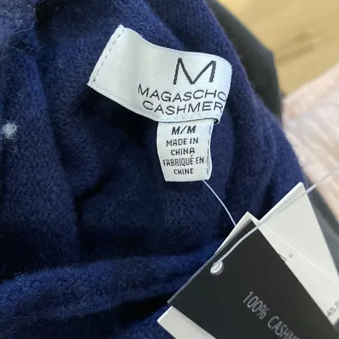 Magaschoni mock neck 100% cashmere stripe sweater in navy