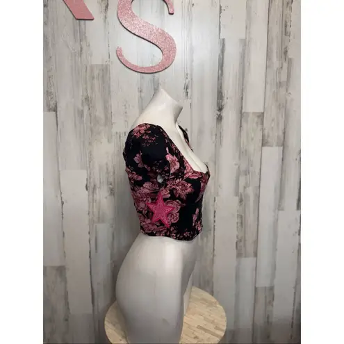 Melrose and Market XS Black Pink Floral Corset Crop Top Puff Sleeve Hook-Front